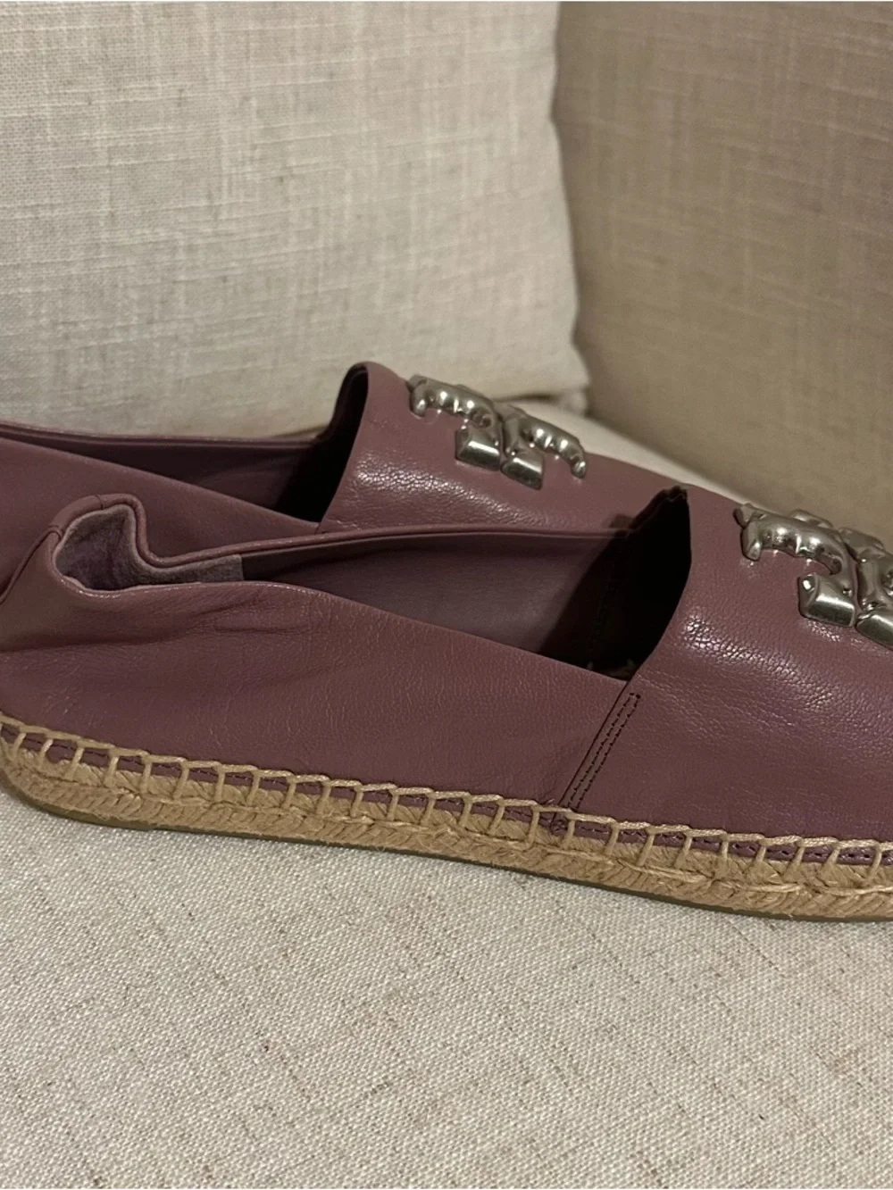 Women’s Size 8 Tory Burch Leather Espadrilles with Silver Logo